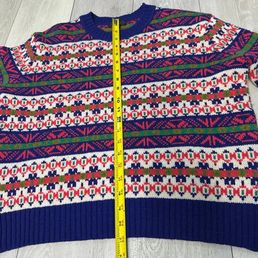 Lambs wool j crew multi color red green pattern pullover knit sweater size small